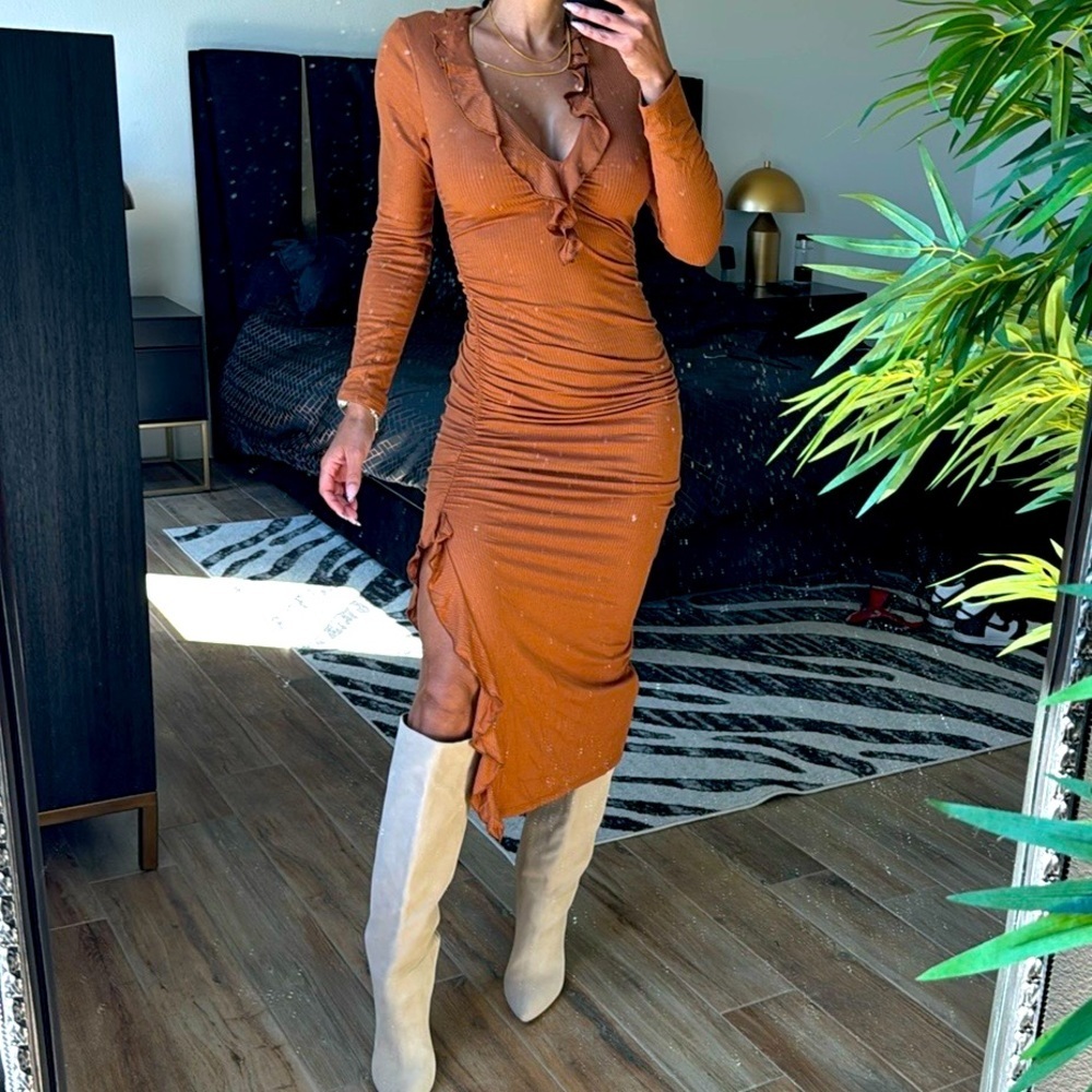 Elegant Ruffled Orange Dress - Picture 2 of 5